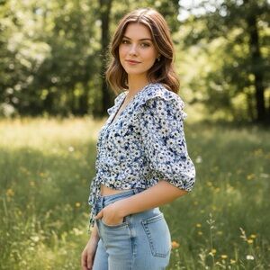 Top Shop Womens Blue Floral Pointelle Eyelet Ruched Ruffle Crop Top Size 10